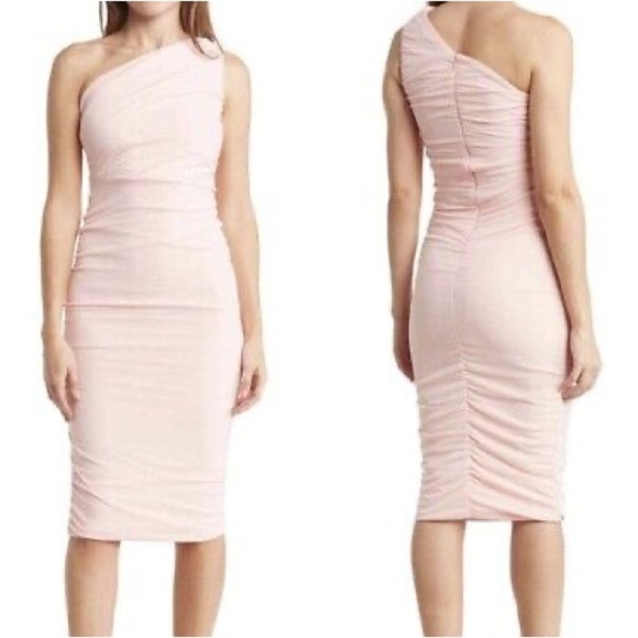 Love x Design One Shoulder Ruched Pink Midi Dress Size Medium - Picture 1 of 7